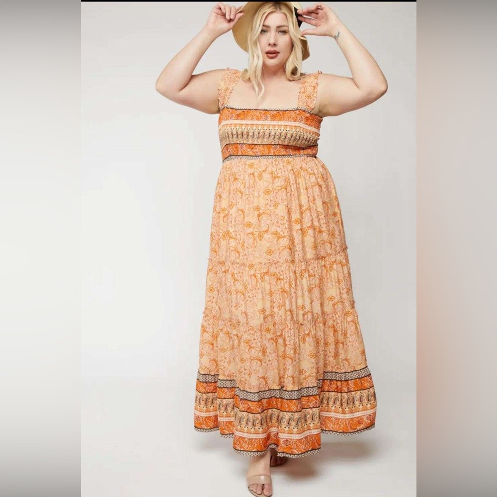 🔥New🔥 Plus Size Orange Printed Smocked Ruffle Sleeveless Maxi Dress (1X,2X,3X) - Picture 4 of 4
